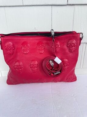 IO Pelle Italia 3D Multi Skull Crossbody Bag Red Leather NEW